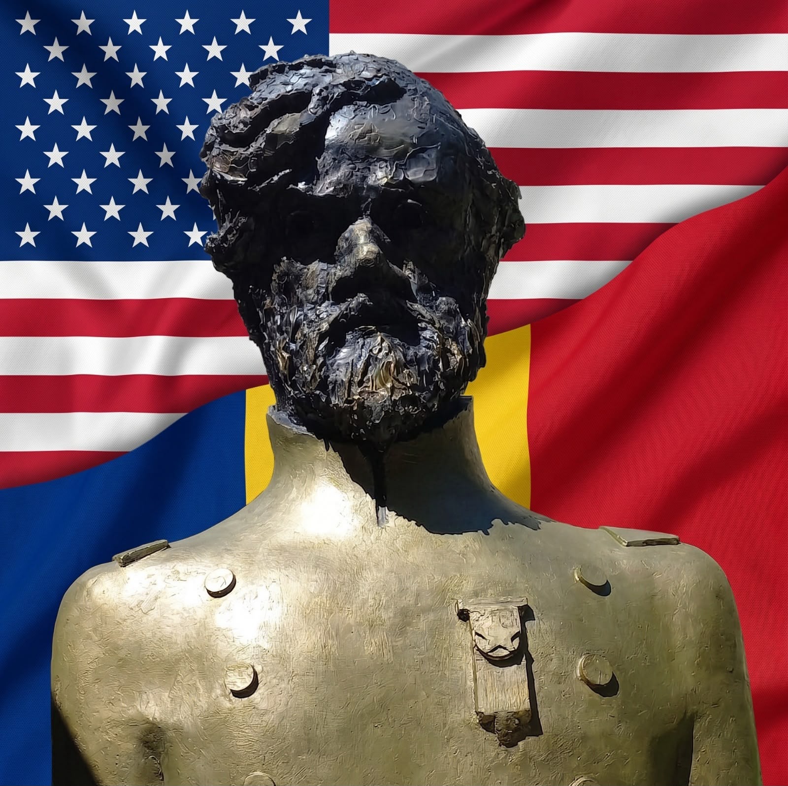 Bustul generalului George Pomuț pe fundalul drapelelor SUA și României
